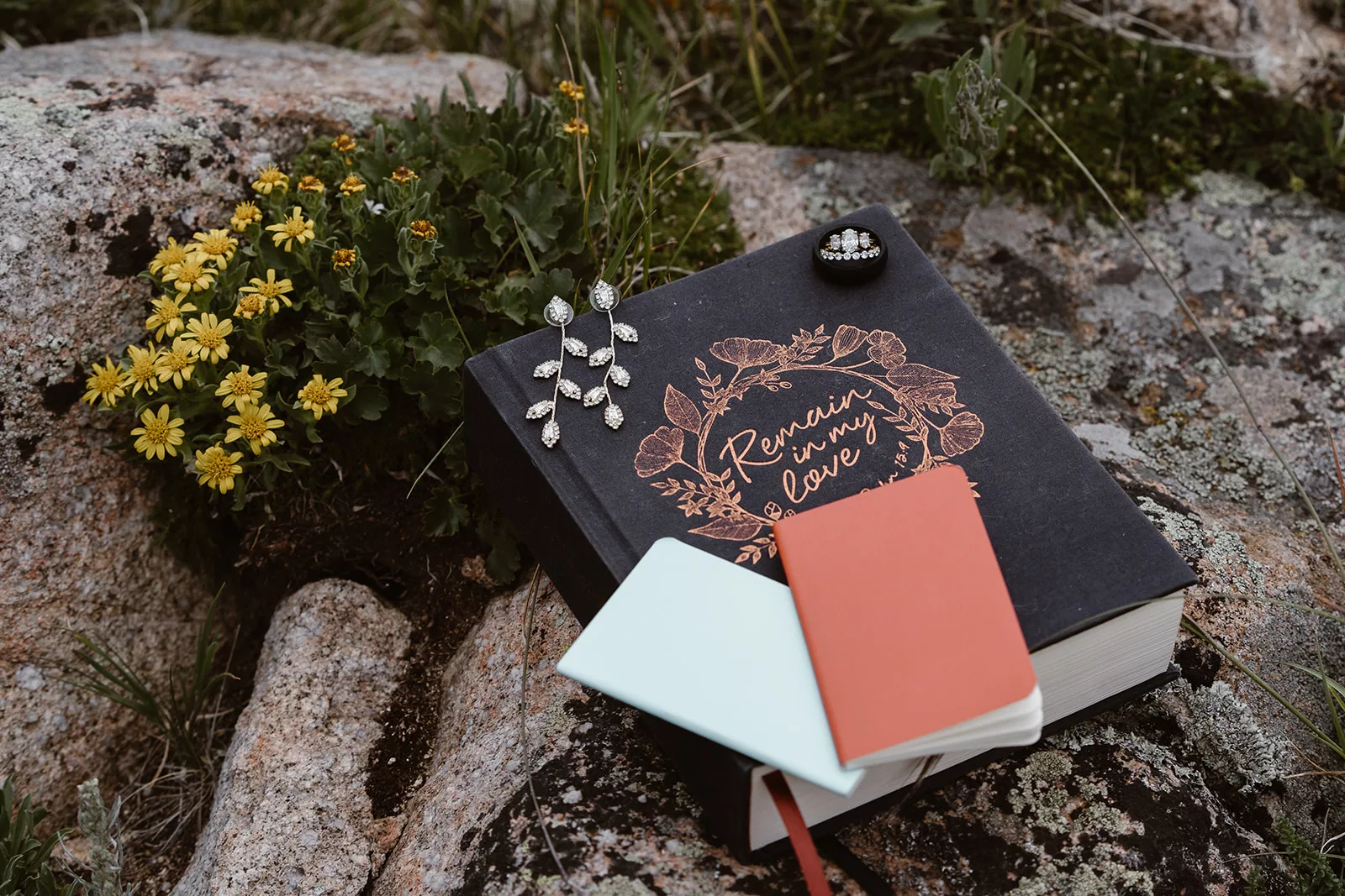 On a rock during a mountain elopement, a couple's vowsbooks await the elopement cermeony. 