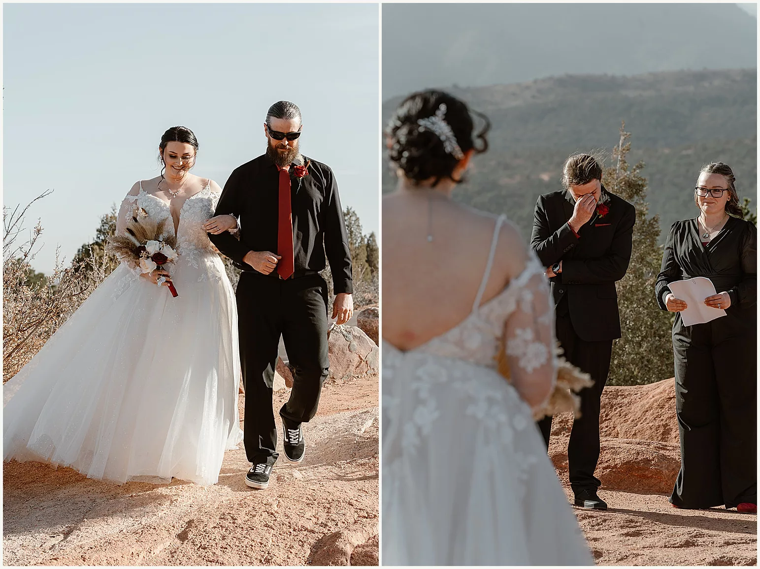 A bride walks down a mountain aisle with her father toward her soon-to-be husband on their elopement day. 