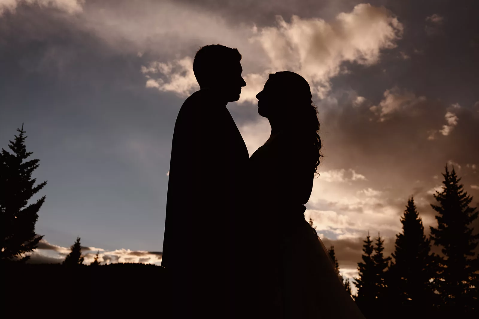 A newly married couples' silhouette is shown against a beautiful sunset.