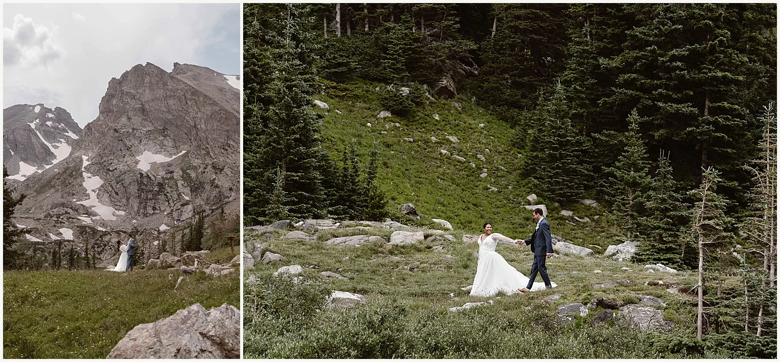 A couple walks along a mountain path, enjoying their private elopement day in Colorado. 