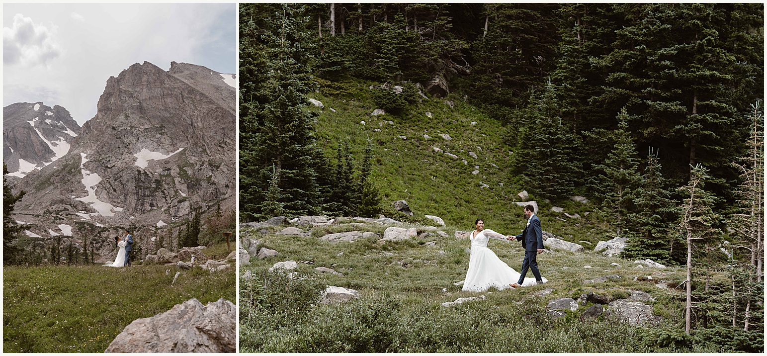 A couple walks along a mountain path, enjoying their private elopement day in Colorado. 