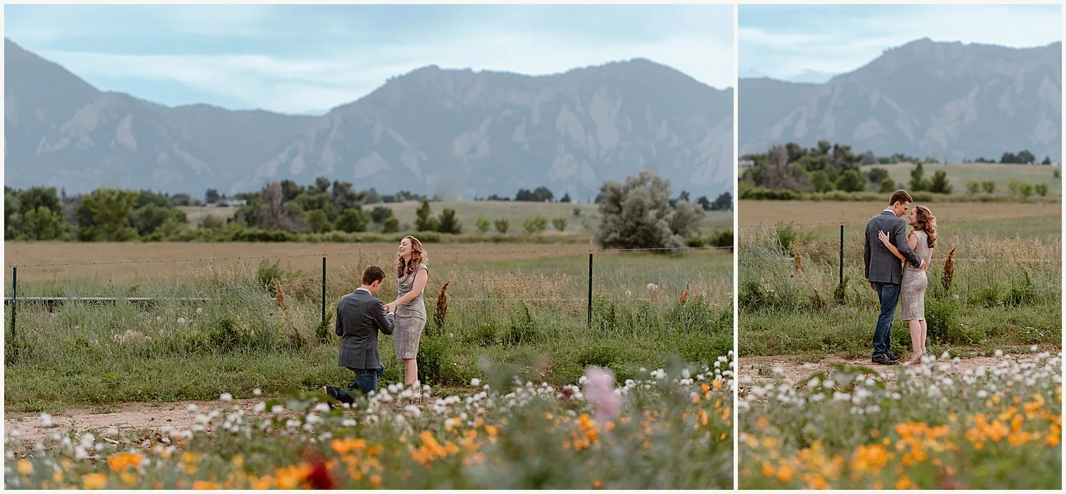 A man kneels down to surprise his girlfriend with a proposal during their engagement photo shoot.
