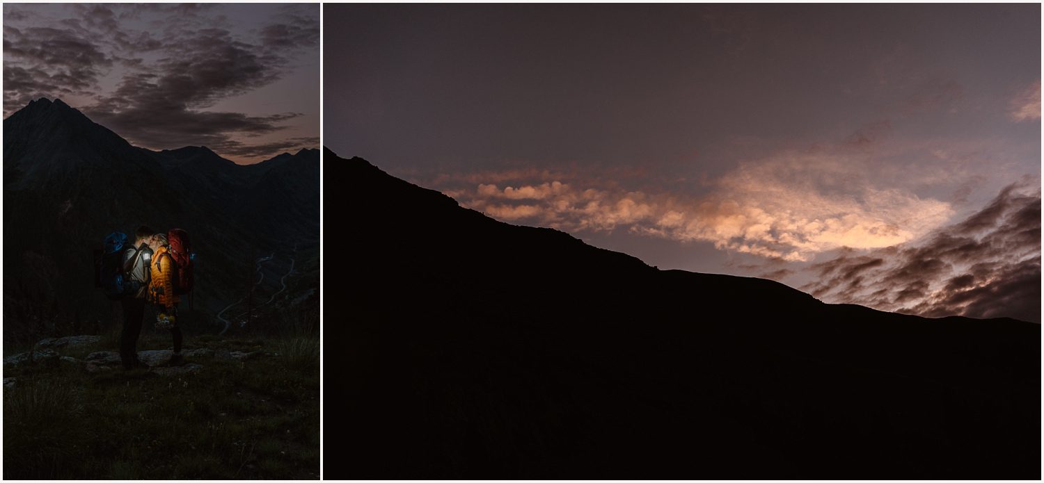 Hiking at sunrise to an elopement location, showcasing the adventurous spirit of the day.