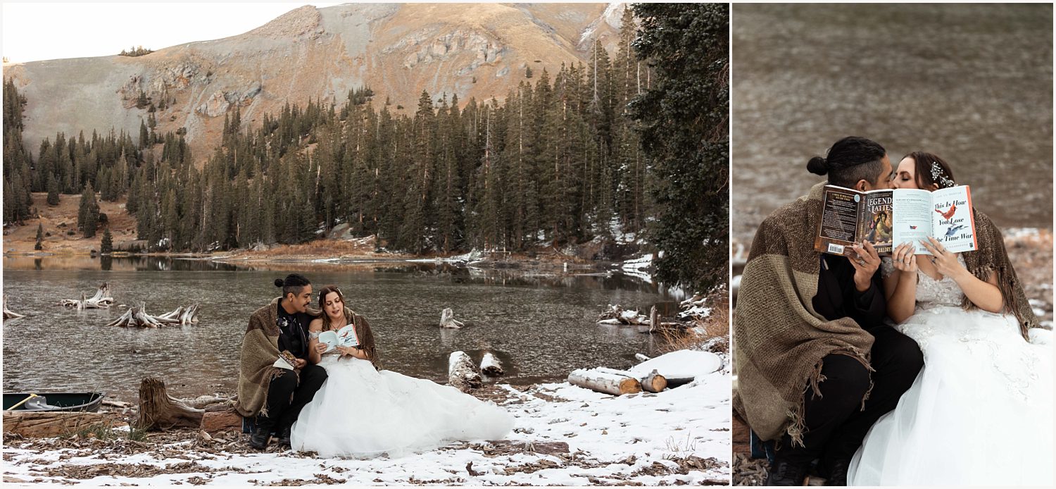 Couple reading books together during a quiet moment of their elopement.