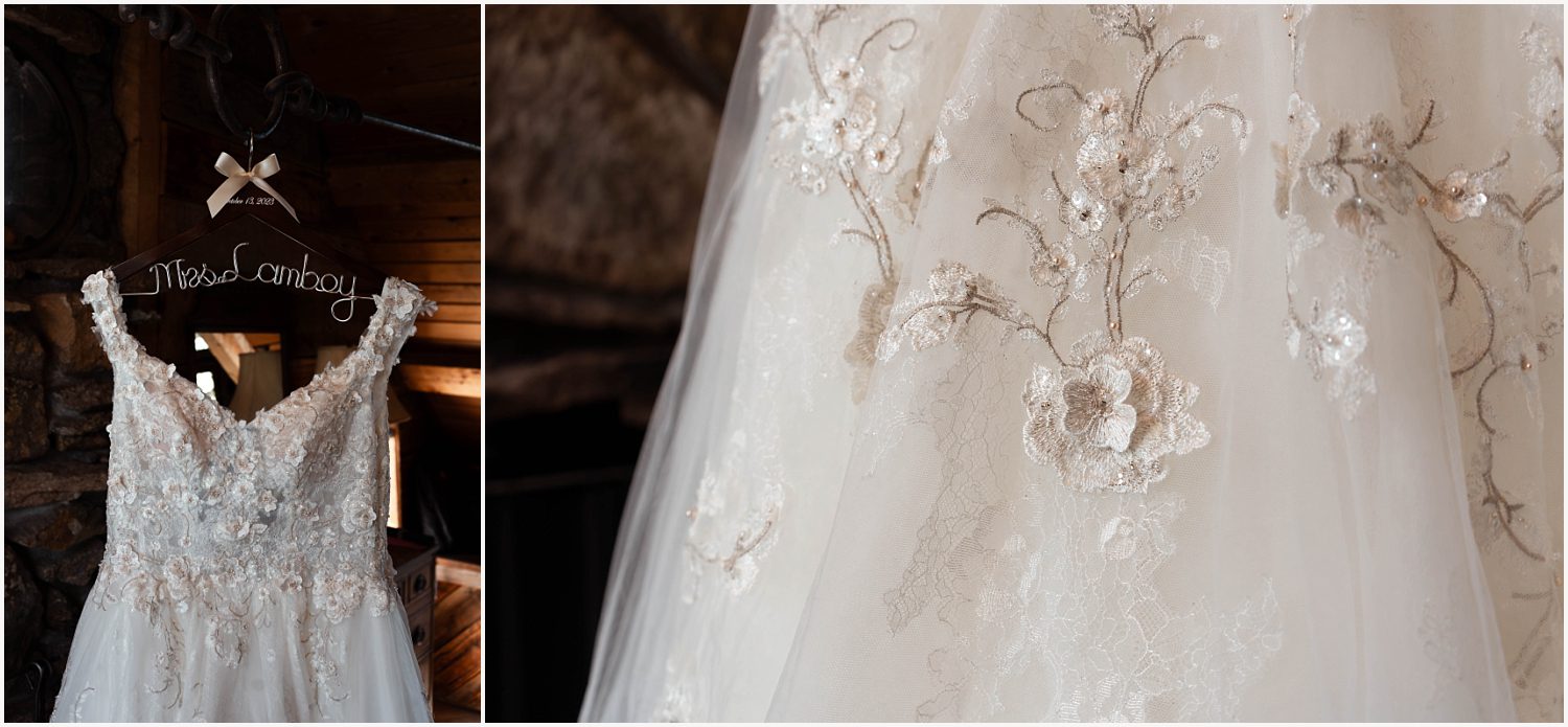 Close-up of wedding dress details and necklace on the bride during an elopement.