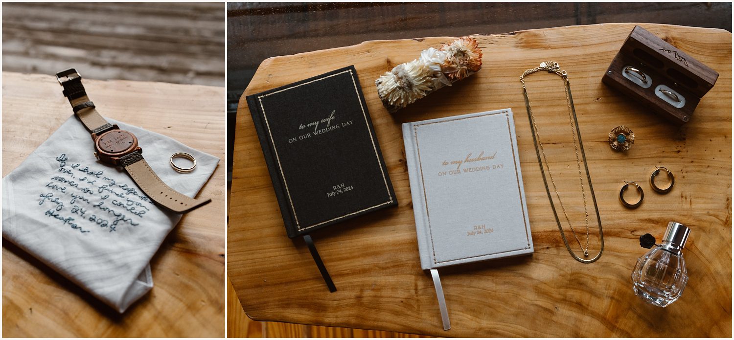 Detail photo of wedding rings, vow books, and perfume captured during elopement planning.