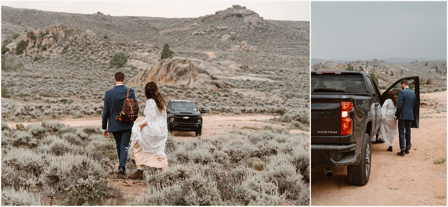 Couple standing on a rocky trail with mountain views as they plan off-roading elopement.