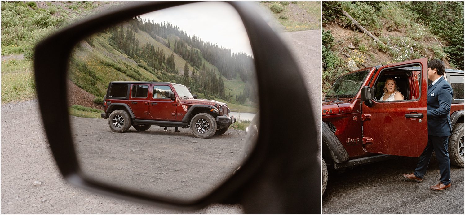 Beautiful outdoor ceremony set up on a remote trail for a couple planning an off-roading elopement.