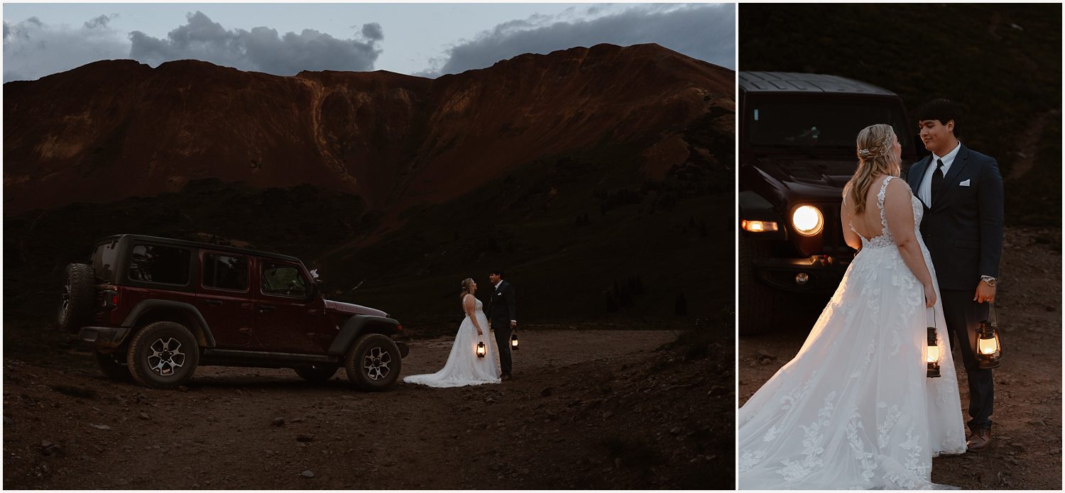 Couple sharing a kiss by their off-road vehicle, embracing the wildness as they plan off-roading elopement.