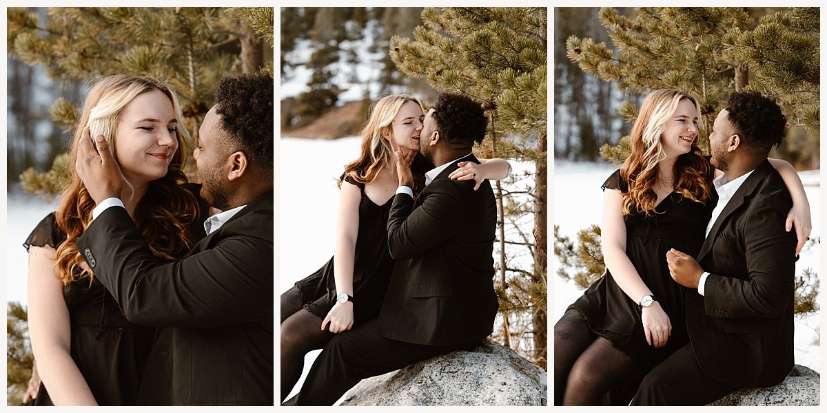 Snow-capped mountains framing a heartfelt Breckenridge proposal moment.