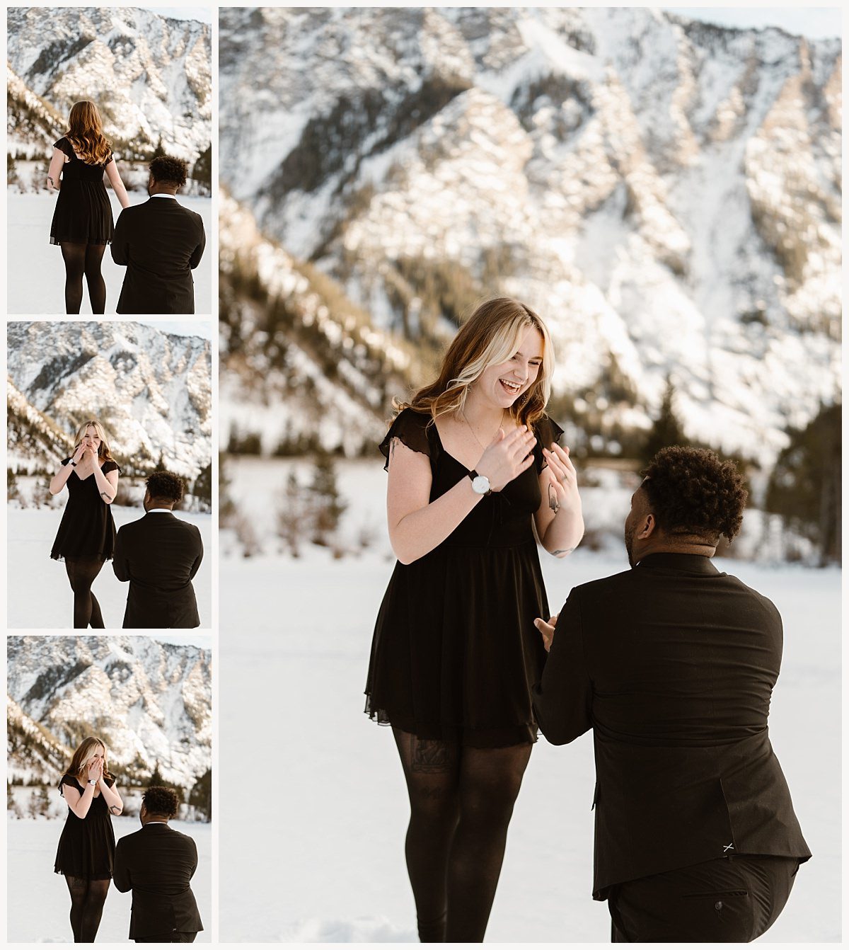 Man proposing to woman with a peridot ring near Breckenridge.