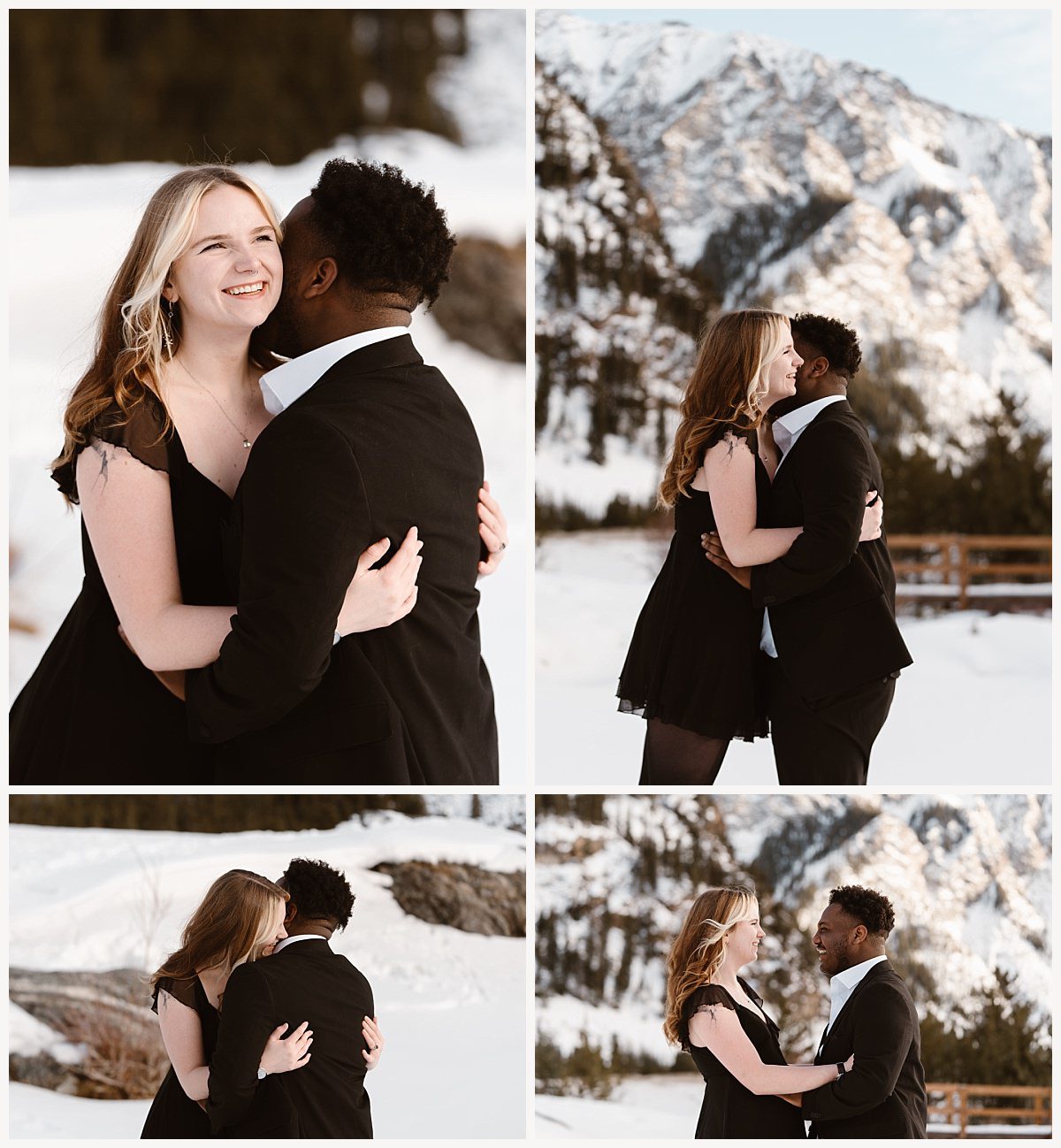 Engaged couple hugging in front of snow-covered evergreens during their Breckenridge proposal.