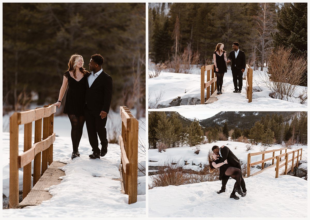 Couple walking hand-in-hand on a snowy trail during their Breckenridge proposal.