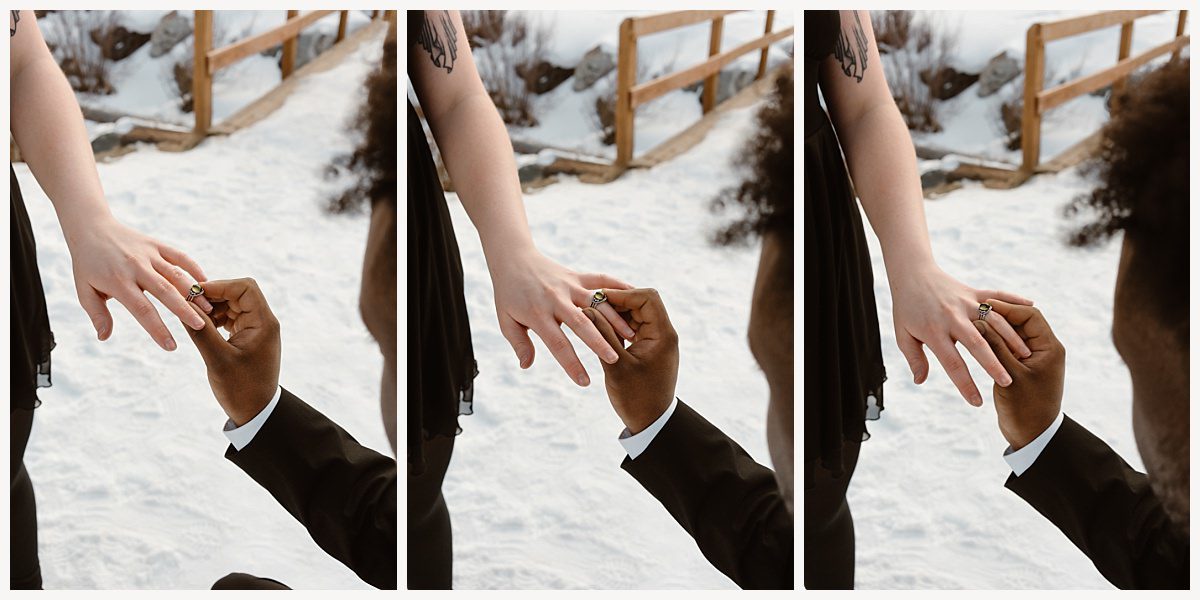 emerald-green peridot ring sparkling during the Breckenridge proposal