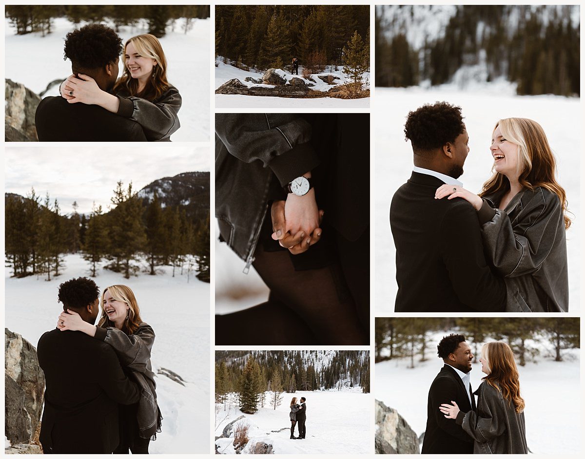 Couple sharing a laugh amidst a snowy Breckenridge proposal setting