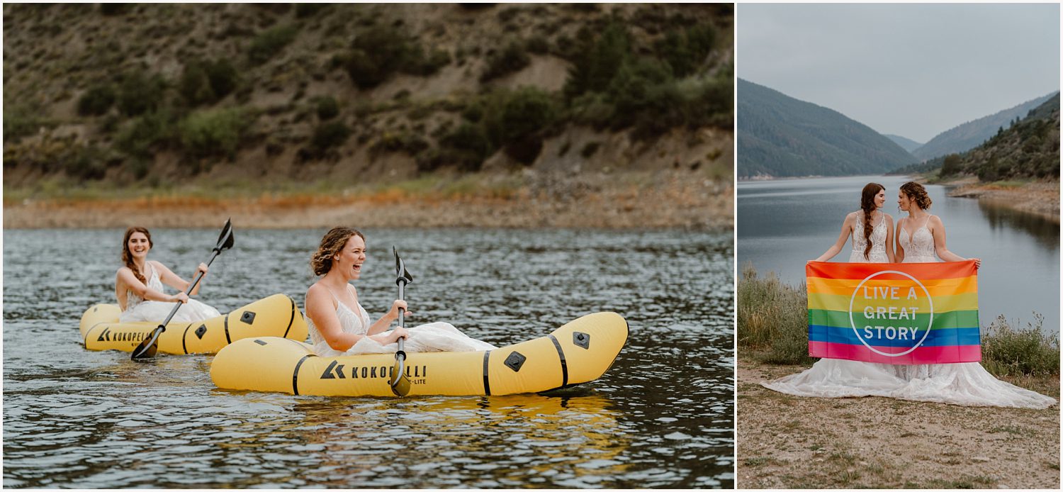 An intimate elopement ceremony takes place beside a crystal-clear lake, reflecting the couple’s love and the surrounding towering peaks.